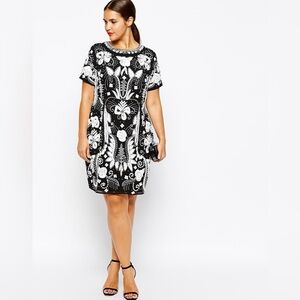 ASOS Curve Black & White Beaded Shift/Cocktail Dress, Size 20